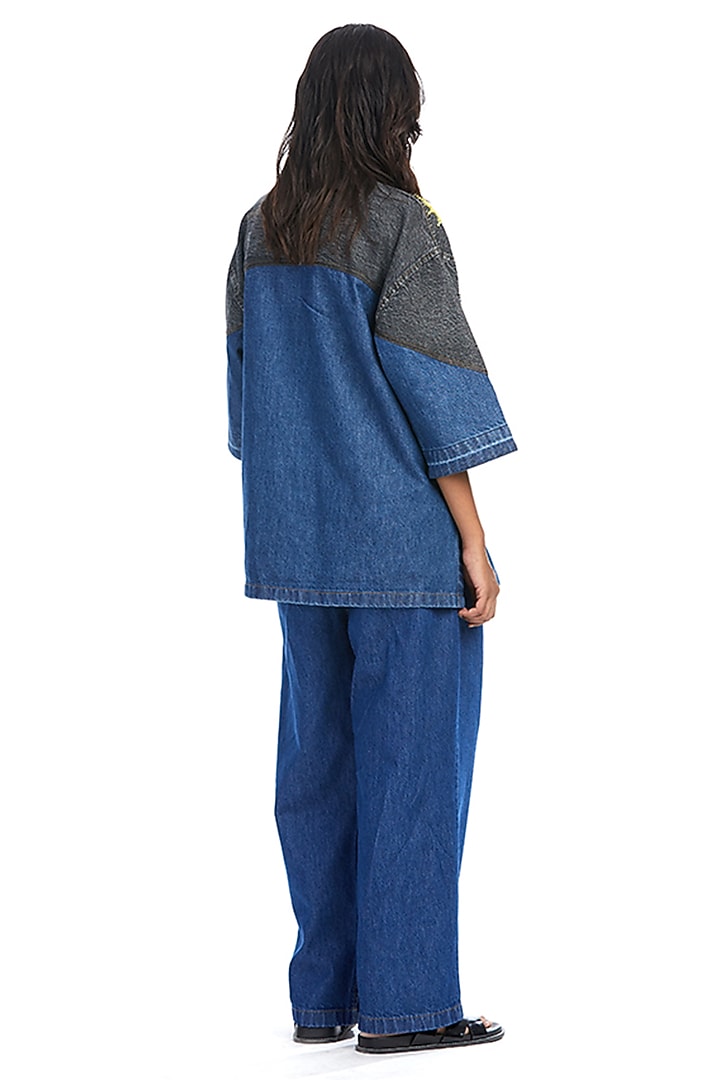 Blue Cotton Denim Straight Pants by Kanika Goyal at Pernia's Pop Up Shop