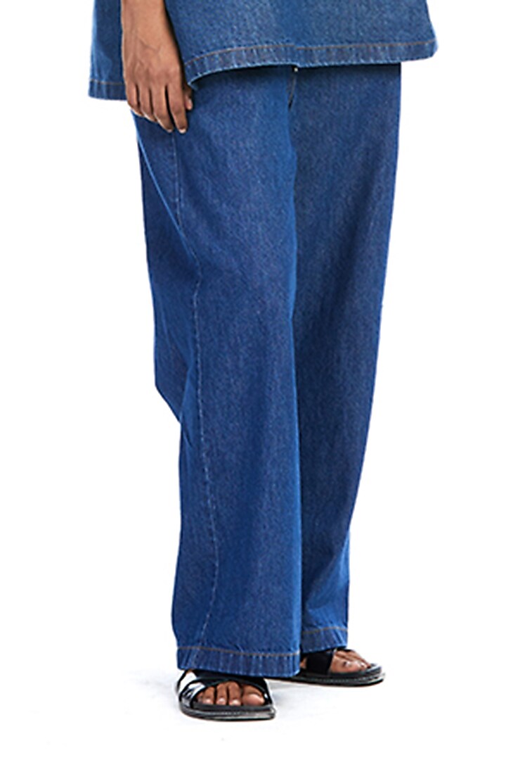 Blue Cotton Denim Straight Pants by Kanika Goyal at Pernia's Pop Up Shop