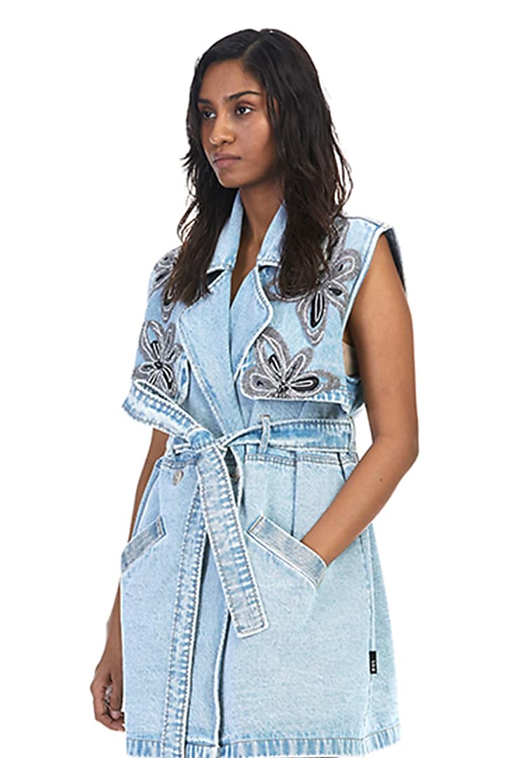 Blue Cotton Embellished Denim Trench Coat With Belt by Kanika Goyal at Pernia's Pop Up Shop