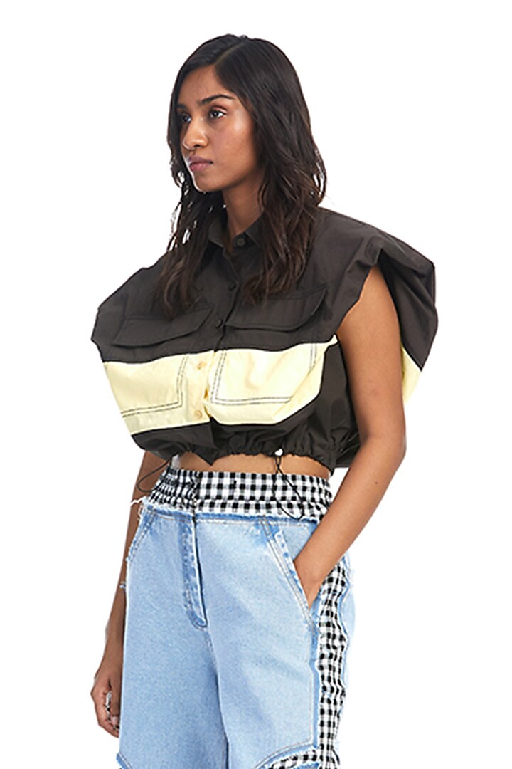 Black Cotton Color-Blocked Shirt by Kanika Goyal at Pernia's Pop Up Shop