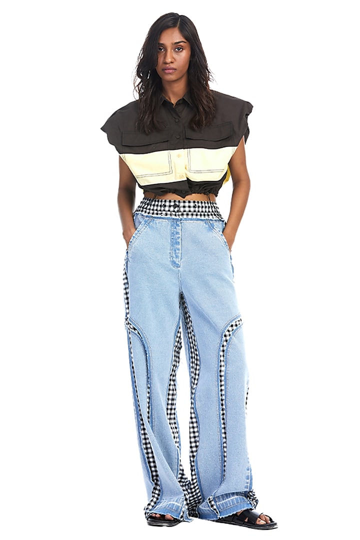 Blue Cotton Concentric Cut Paneled Denim Pants by Kanika Goyal at Pernia's Pop Up Shop