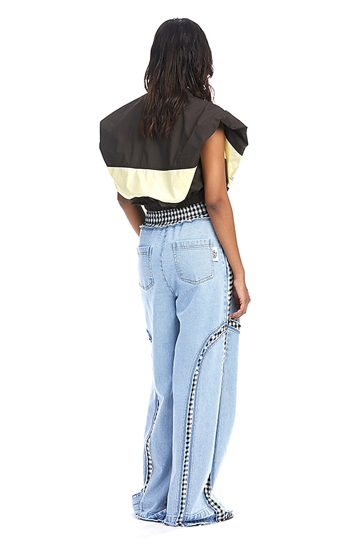 Blue Cotton Concentric Cut Paneled Denim Pants by Kanika Goyal at Pernia's Pop Up Shop