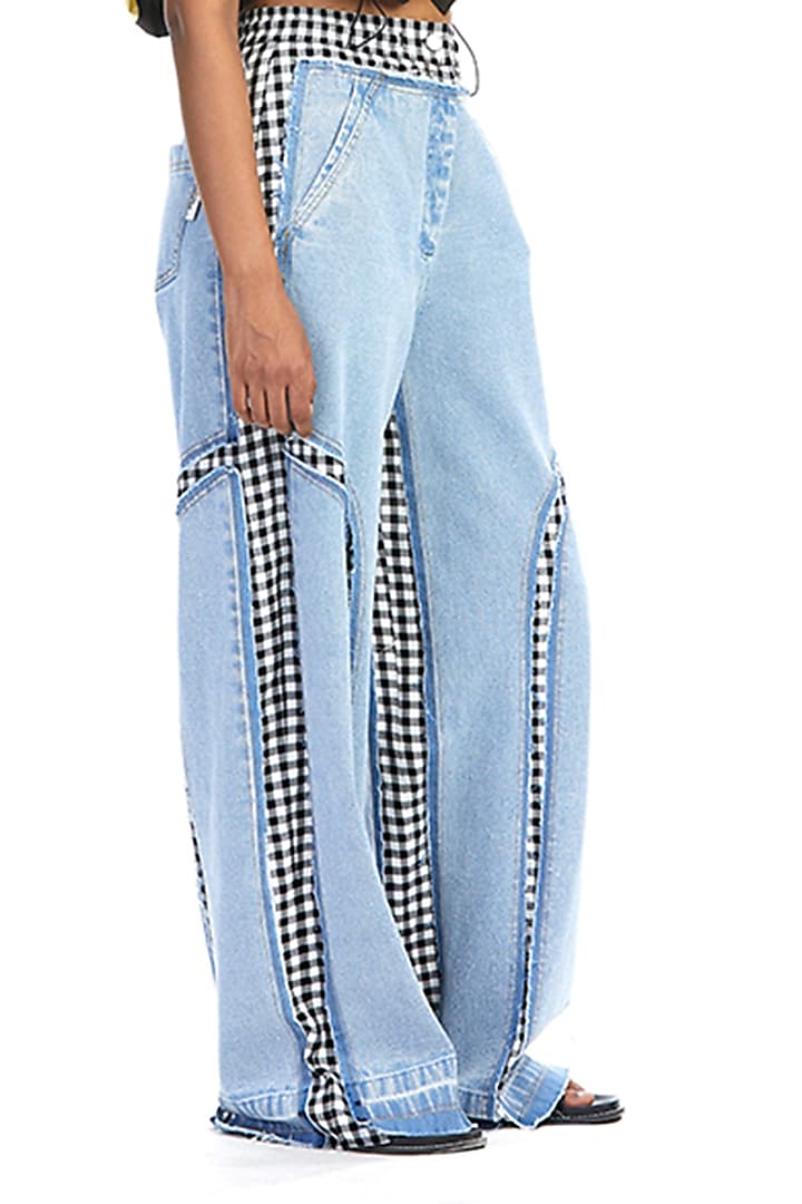 Blue Cotton Concentric Cut Paneled Denim Pants by Kanika Goyal at Pernia's Pop Up Shop