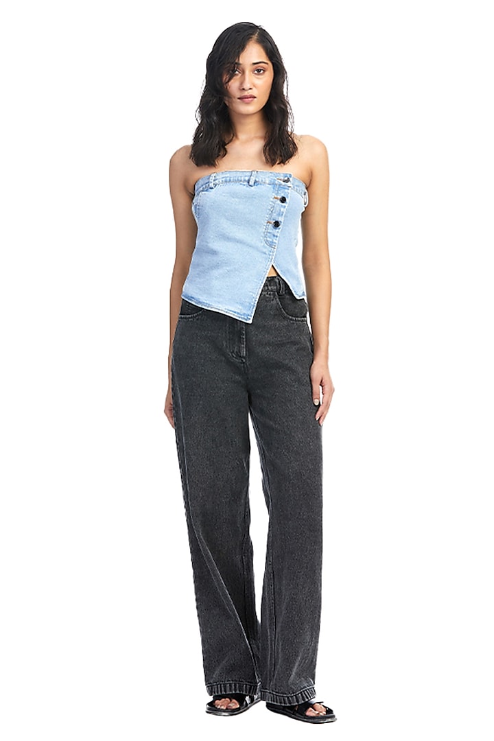 Blue Cotton Denim Deconstructed Tube Top by Kanika Goyal at Pernia's Pop Up Shop