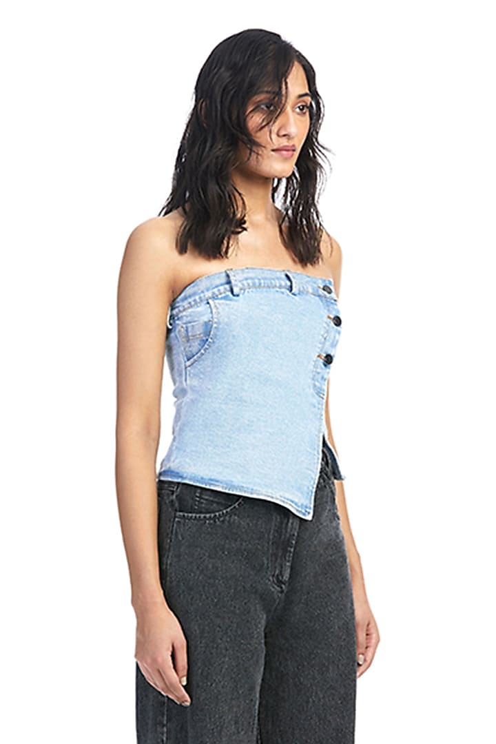 Blue Cotton Denim Deconstructed Tube Top by Kanika Goyal at Pernia's Pop Up Shop