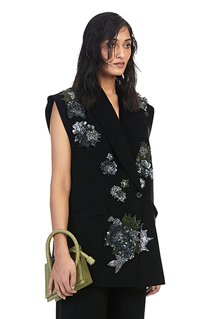 Black Polyester Embellished Oversized Blazer by Kanika Goyal at Pernia's Pop Up Shop