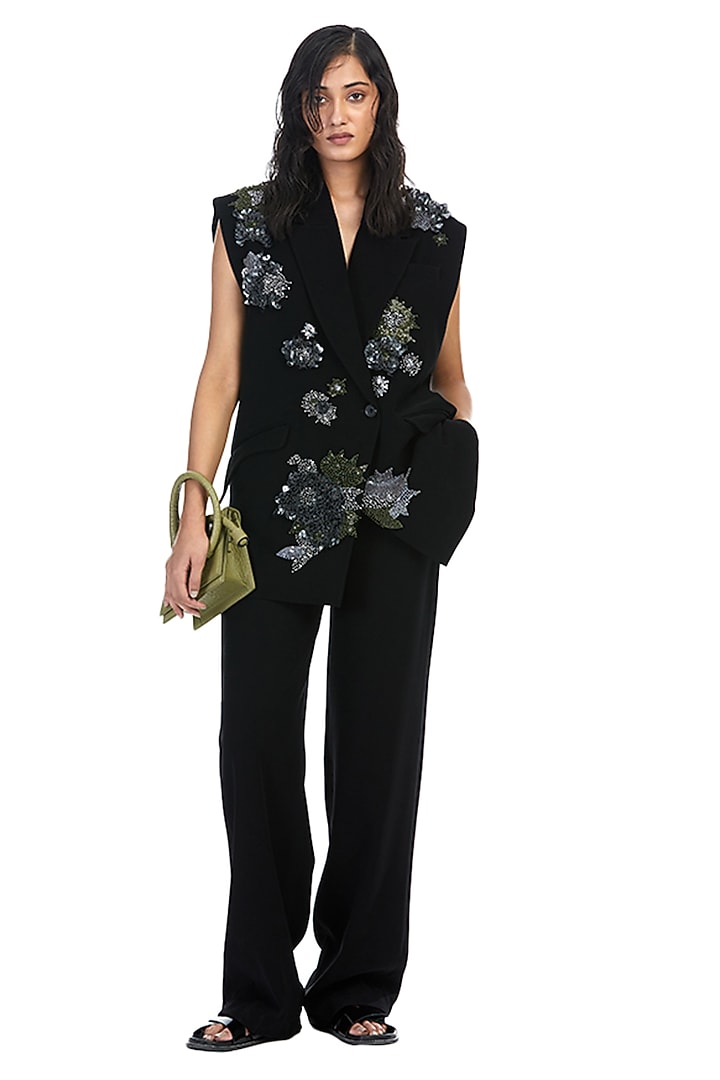 Black Polyester Embellished Oversized Blazer by Kanika Goyal at Pernia's Pop Up Shop