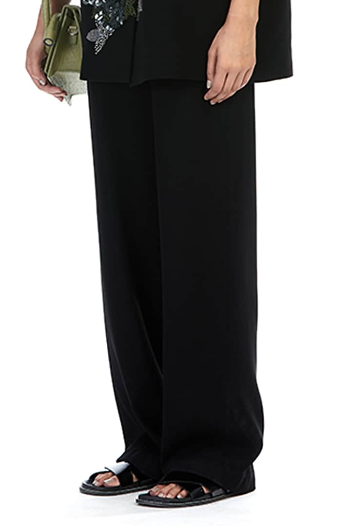Black Polyester Straight-Fit Trousers by Kanika Goyal at Pernia's Pop Up Shop