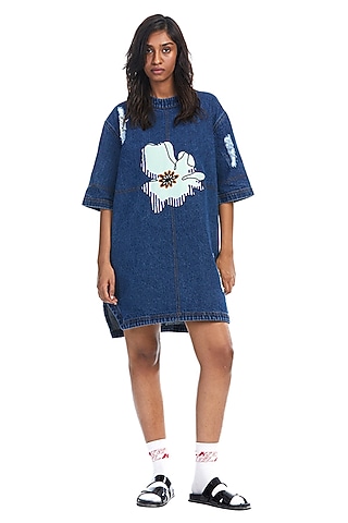 Dark Blue Denim & Cotton Floral Applique Mini Dress by Kanika Goyal