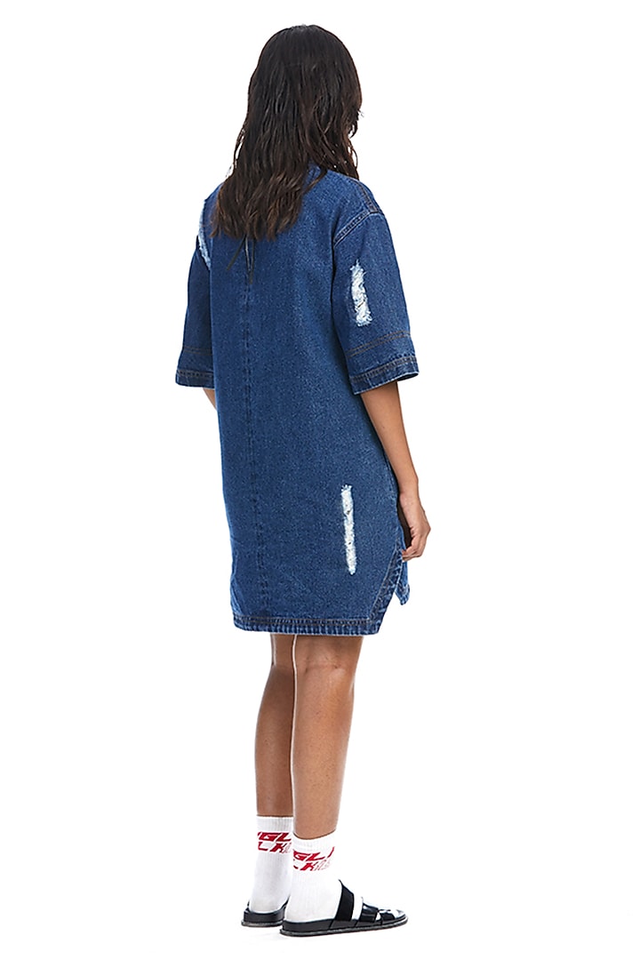 Dark Blue Denim & Cotton Floral Applique Mini Vacation Dress by Kanika Goyal at Pernia's Pop Up Shop