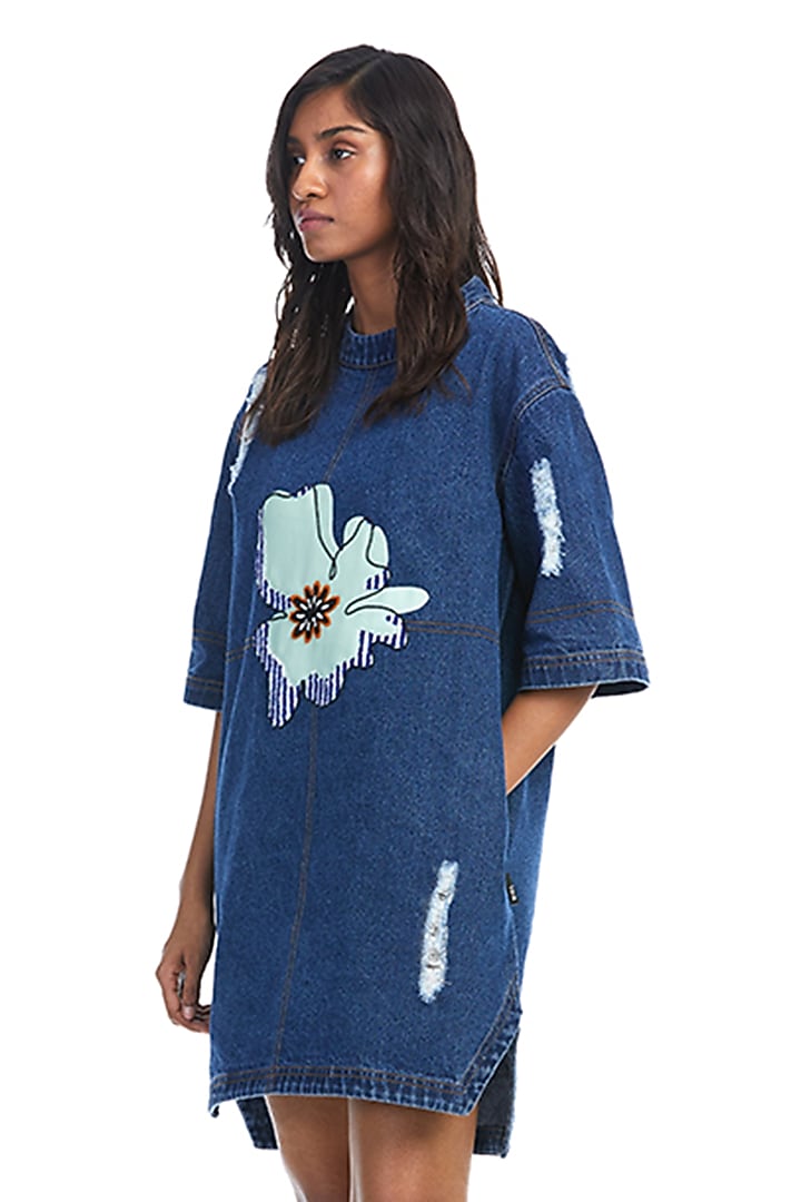 Dark Blue Denim & Cotton Floral Applique Mini Vacation Dress by Kanika Goyal at Pernia's Pop Up Shop