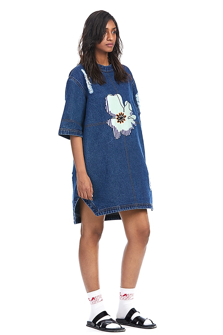 Dark Blue Denim & Cotton Floral Applique Mini Vacation Dress by Kanika Goyal at Pernia's Pop Up Shop