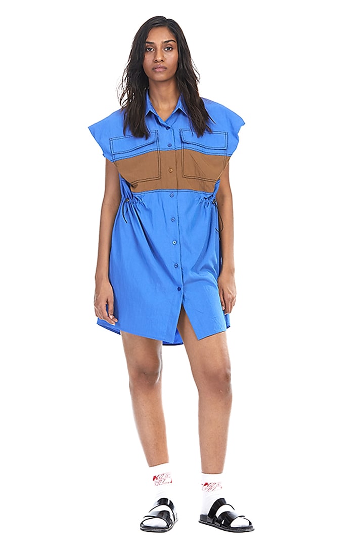 Blue Cotton Color-Blocked Shirt Dress by Kanika Goyal at Pernia's Pop Up Shop