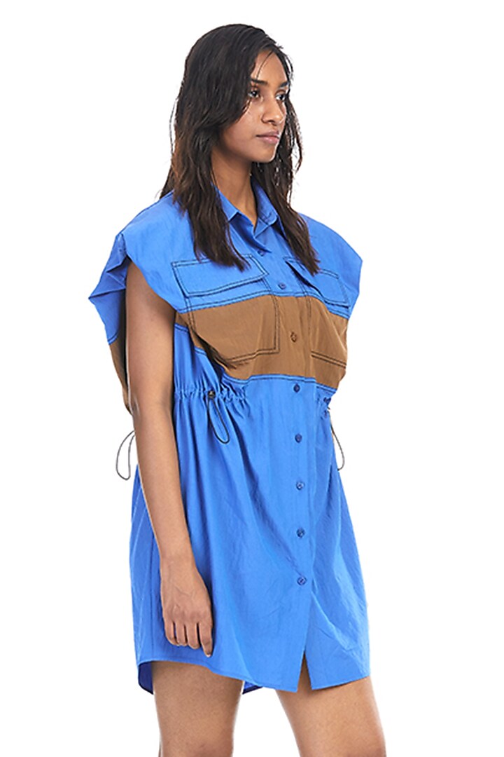 Blue Cotton Color-Blocked Vacation Shirt Dress by Kanika Goyal at Pernia's Pop Up Shop