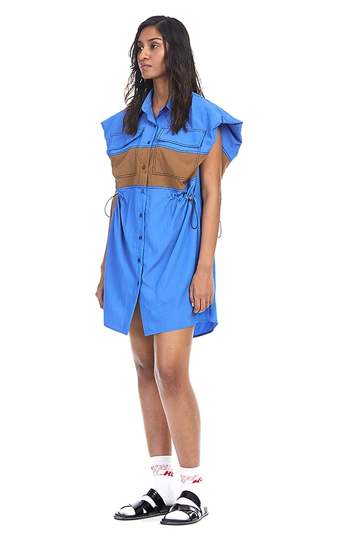 Blue Cotton Color-Blocked Vacation Shirt Dress by Kanika Goyal at Pernia's Pop Up Shop
