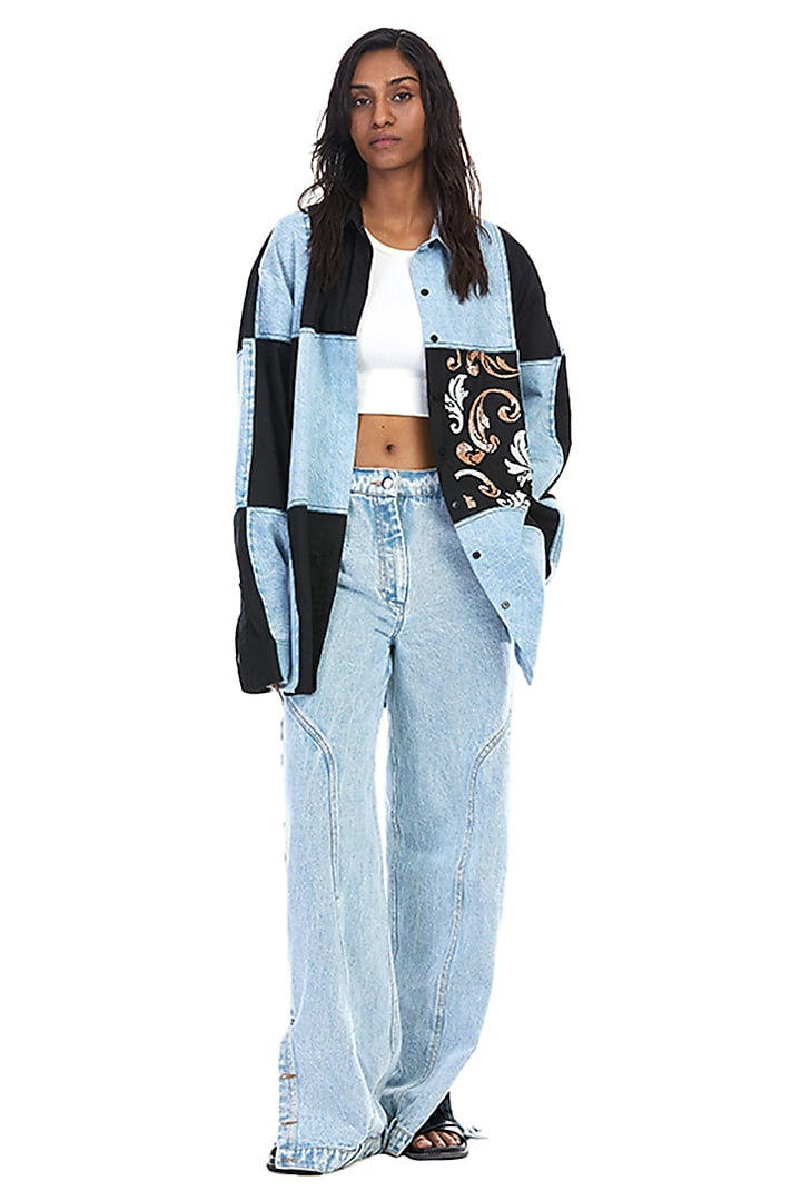 Blue Cotton Color-Blocked Oversized Shirt by Kanika Goyal at Pernia's Pop Up Shop