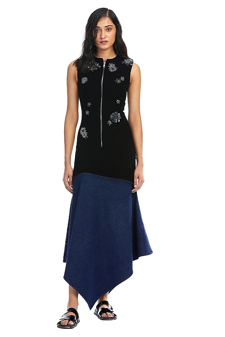 Black & Blue Cotton Poly Blend Embellished Asymmetric Dress by Kanika Goyal at Pernia's Pop Up Shop