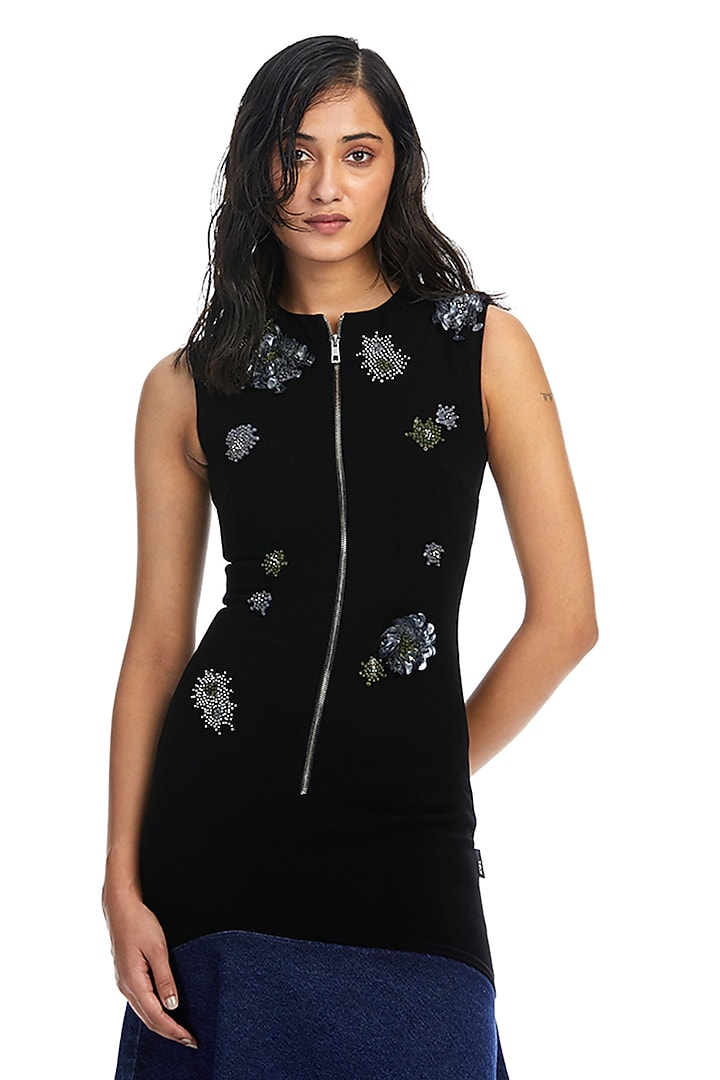 Black & Blue Cotton Poly Blend Embellished Asymmetric Cocktail Dress by Kanika Goyal at Pernia's Pop Up Shop
