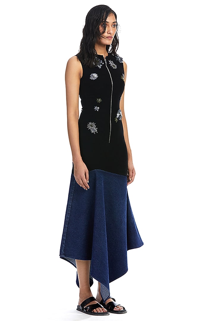Black & Blue Cotton Poly Blend Embellished Asymmetric Cocktail Dress by Kanika Goyal at Pernia's Pop Up Shop