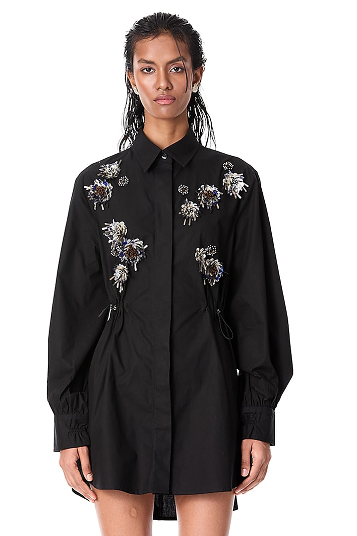 Black Cotton Embellished Mini Vacation Dress by Kanika Goyal at Pernia's Pop Up Shop