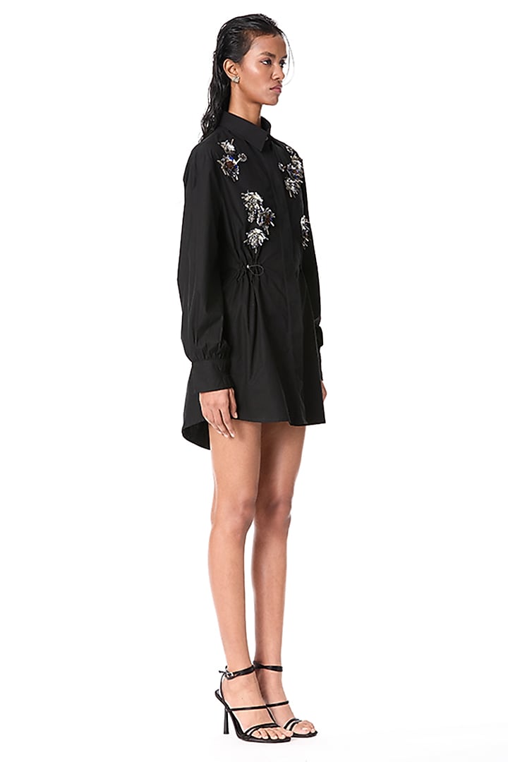Black Cotton Embellished Mini Vacation Dress by Kanika Goyal at Pernia's Pop Up Shop