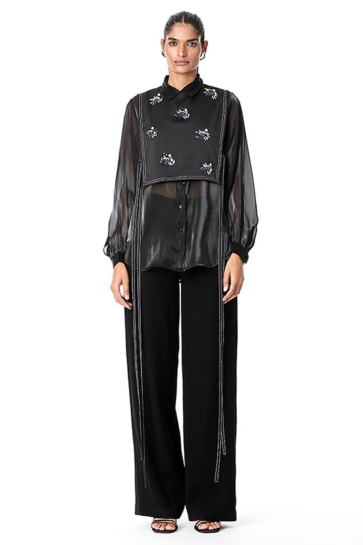 Black Organza Top With Embellished Bib by Kanika Goyal at Pernia's Pop Up Shop