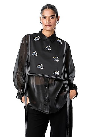 Black Organza Top With Embellished Bib by Kanika Goyal