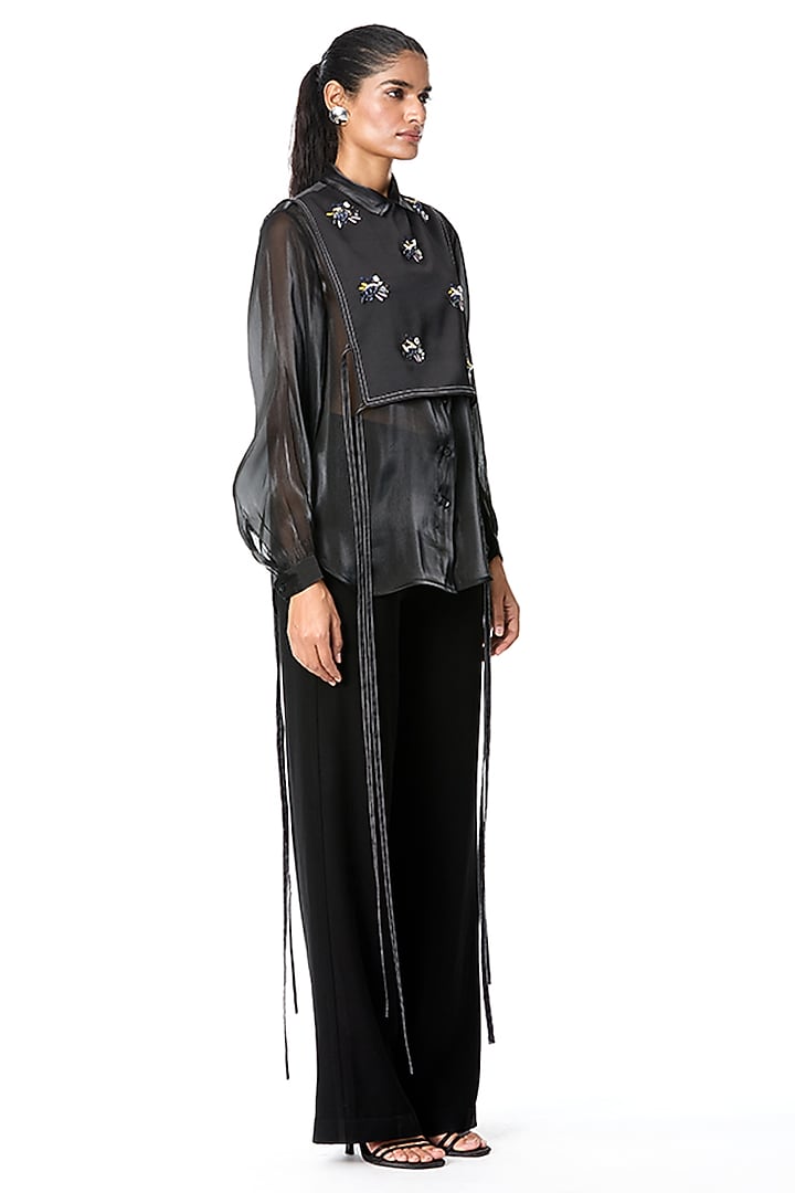 Black Organza Top With Embellished Bib by Kanika Goyal at Pernia's Pop Up Shop