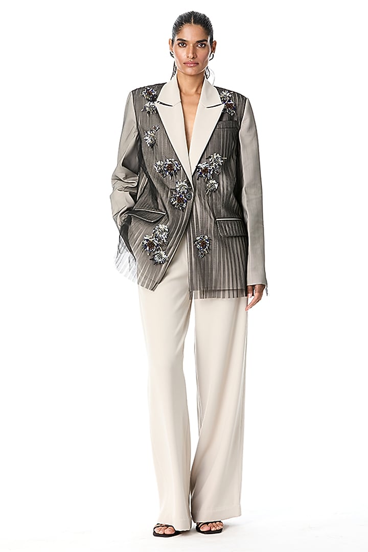 Beige Japanese Crepe & Tulle Embellished Blazer by Kanika Goyal at Pernia's Pop Up Shop