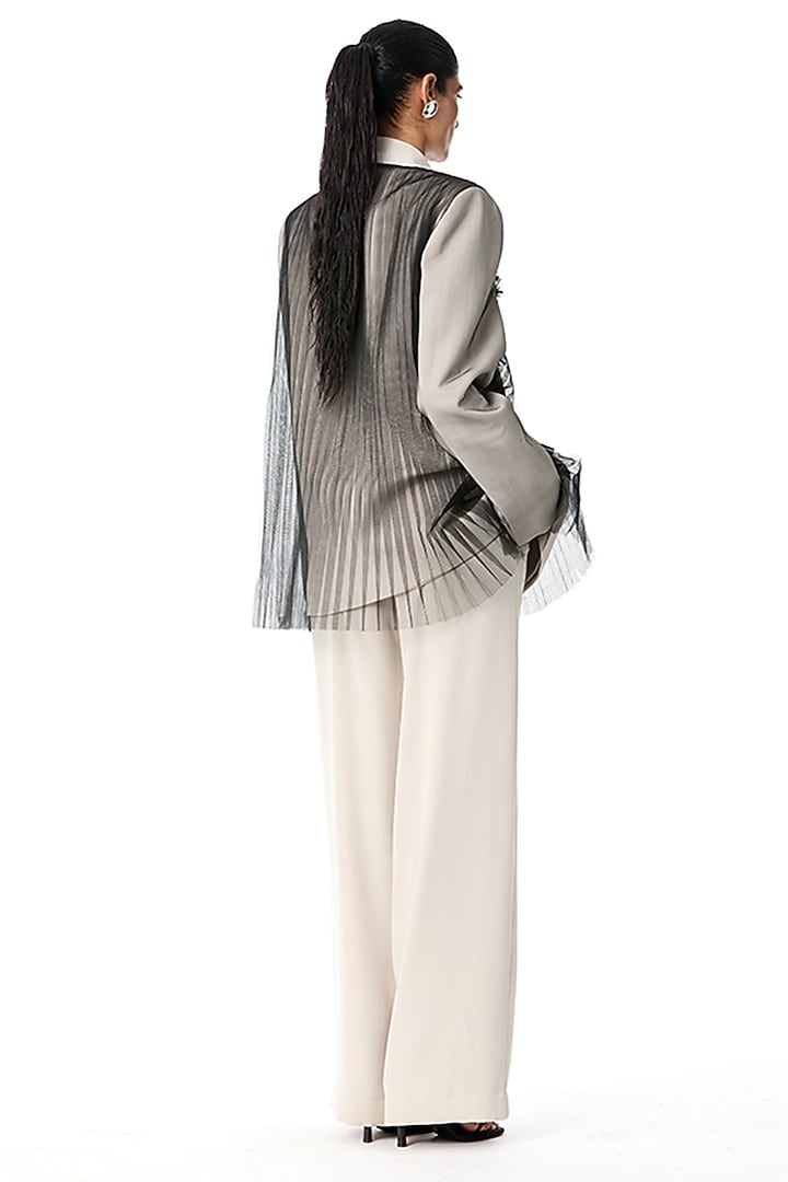 Beige Japanese Crepe & Tulle Embellished Blazer by Kanika Goyal at Pernia's Pop Up Shop