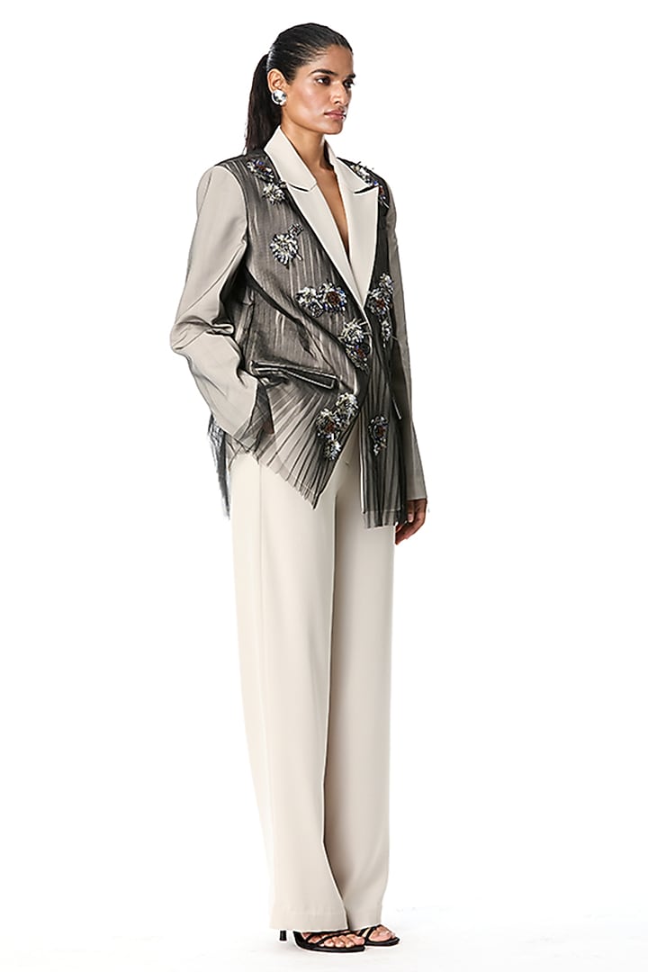 Beige Japanese Crepe & Tulle Embellished Blazer by Kanika Goyal at Pernia's Pop Up Shop