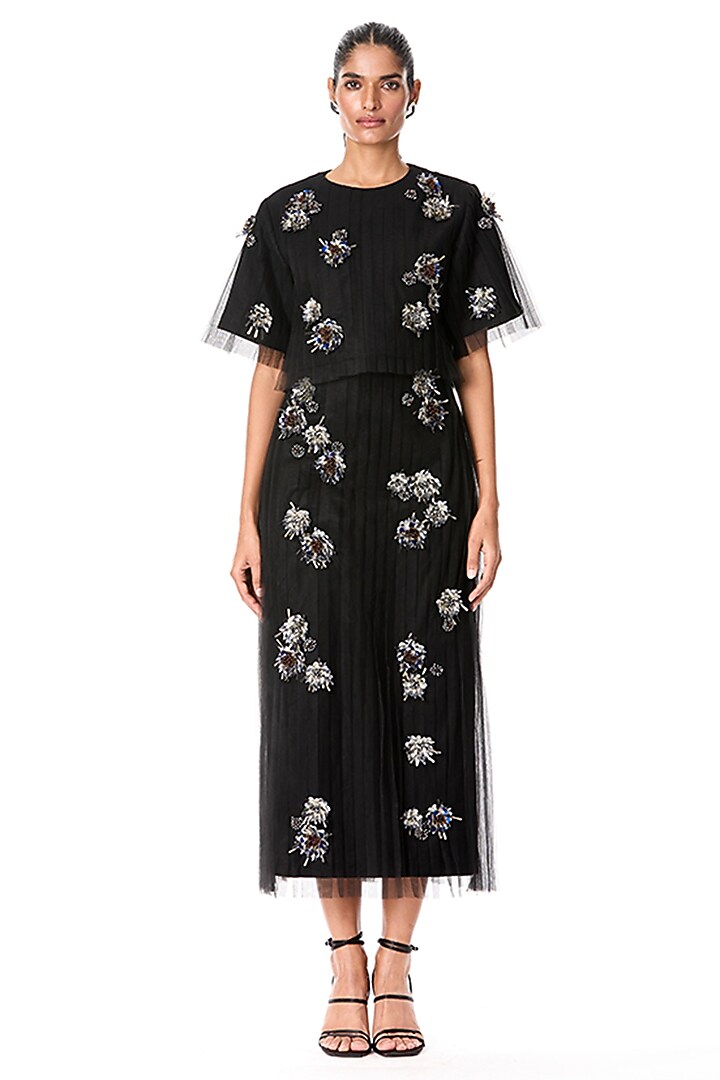 Black Japanese Crepe & Tulle Embellished Top by Kanika Goyal at Pernia's Pop Up Shop