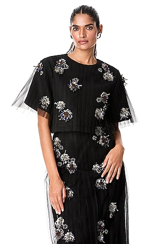 Black Japanese Crepe & Tulle Embellished Top by Kanika Goyal