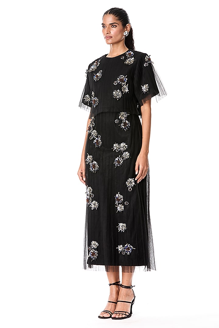 Black Japanese Crepe & Tulle Embellished Top by Kanika Goyal at Pernia's Pop Up Shop