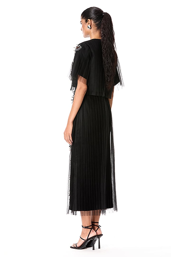 Black Japanese Crepe & Tulle Embellished Midi Skirt by Kanika Goyal at Pernia's Pop Up Shop