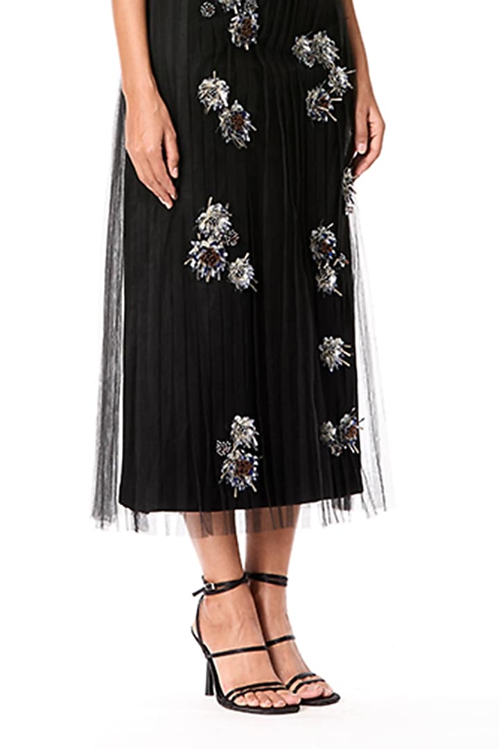 Black Japanese Crepe & Tulle Embellished Midi Skirt by Kanika Goyal at Pernia's Pop Up Shop