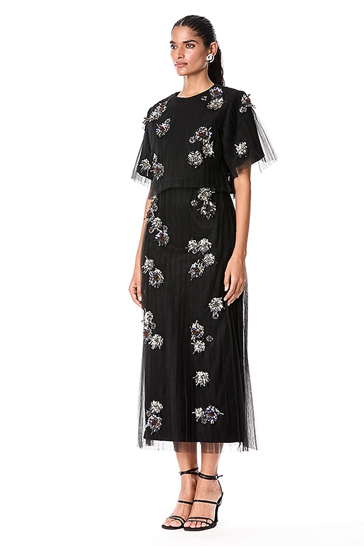 Black Japanese Crepe & Tulle Embellished Midi Skirt by Kanika Goyal at Pernia's Pop Up Shop