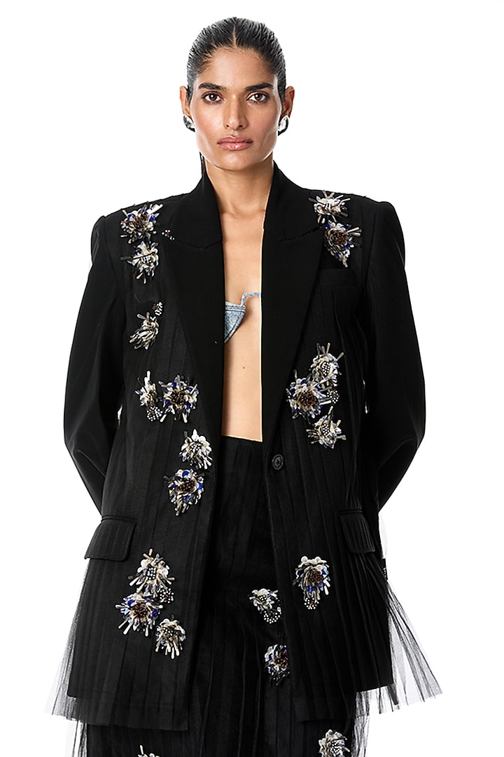 Black Japanese Crepe & Tulle Embellished Blazer by Kanika Goyal at Pernia's Pop Up Shop
