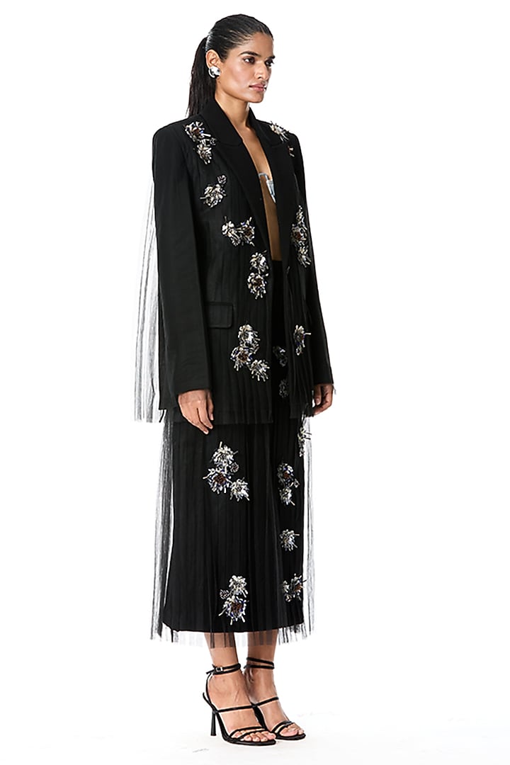 Black Japanese Crepe & Tulle Embellished Blazer by Kanika Goyal at Pernia's Pop Up Shop