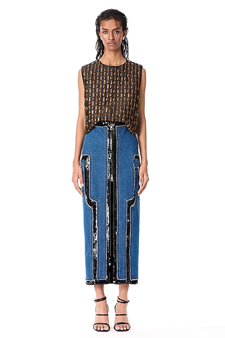 Black Japanese Crepe Embellished Top by Kanika Goyal at Pernia's Pop Up Shop