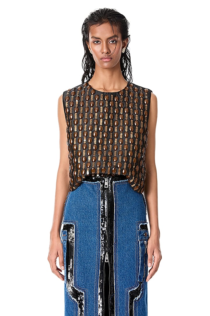 Black Japanese Crepe Embellished Top by Kanika Goyal at Pernia's Pop Up Shop