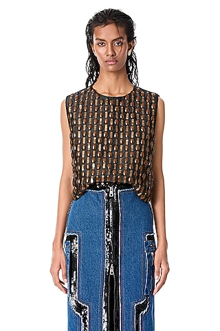 Black Japanese Crepe Embellished Top by Kanika Goyal