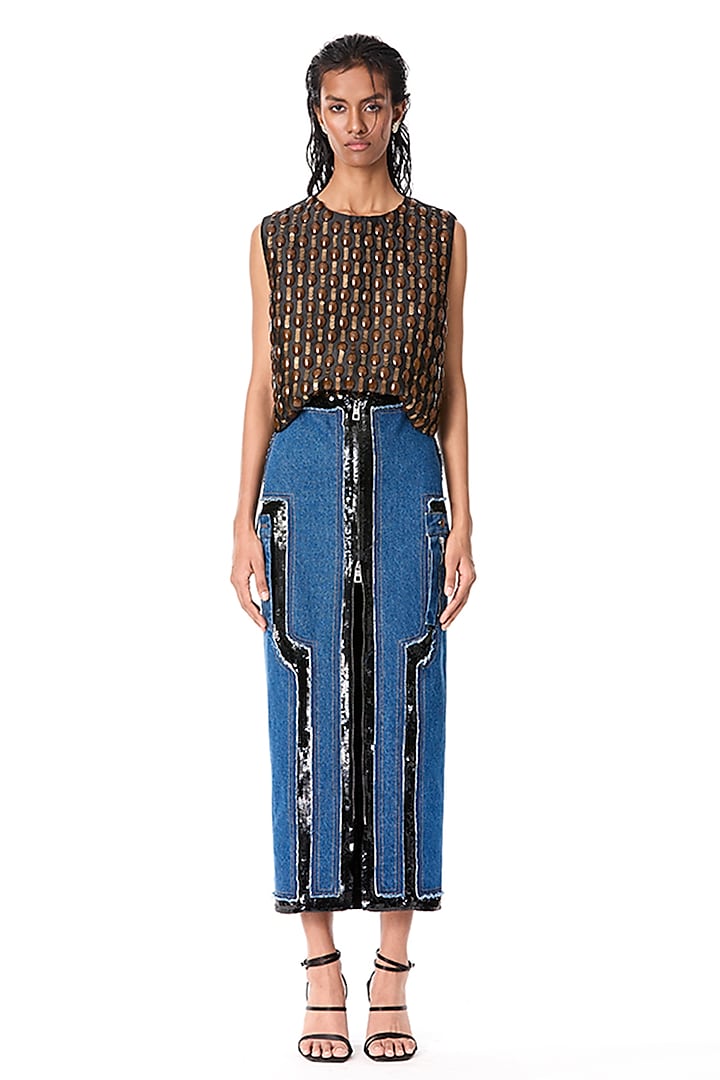 Blue Cotton Embellished Denim Skirt by Kanika Goyal at Pernia's Pop Up Shop