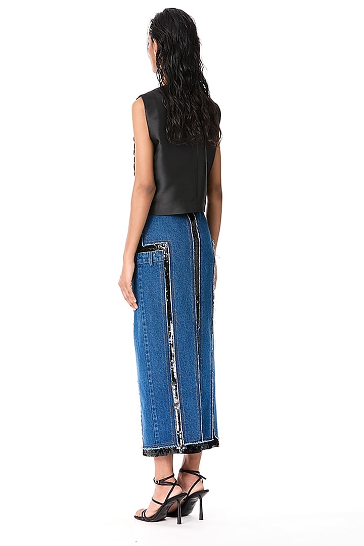 Blue Cotton Embellished Denim Skirt by Kanika Goyal at Pernia's Pop Up Shop