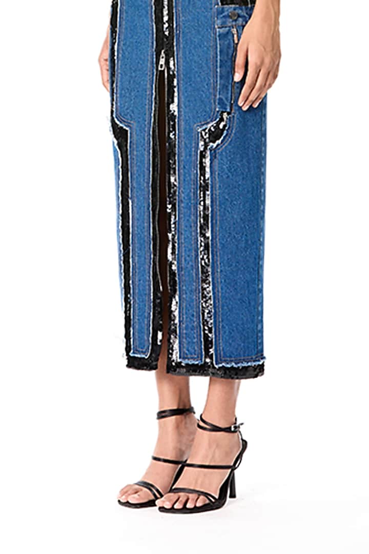 Blue Cotton Embellished Denim Skirt by Kanika Goyal at Pernia's Pop Up Shop