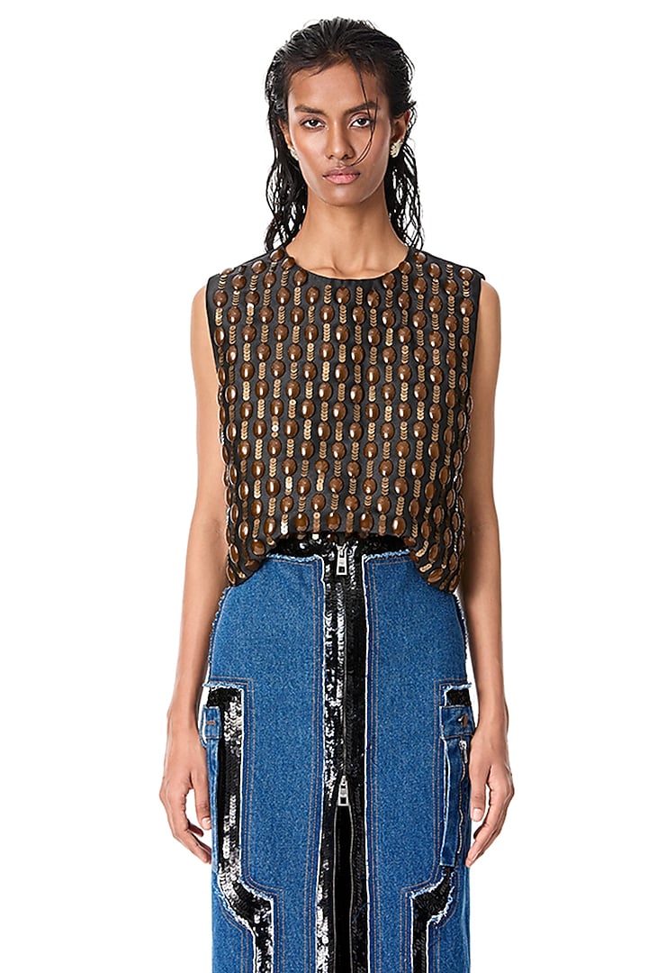 Blue Cotton Embellished Denim Skirt by Kanika Goyal at Pernia's Pop Up Shop