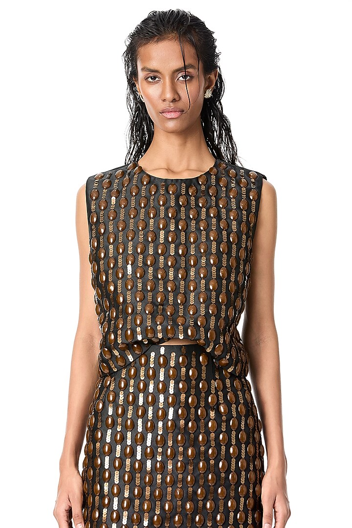 Black Taffeta Embellished Mini Skirt by Kanika Goyal at Pernia's Pop Up Shop