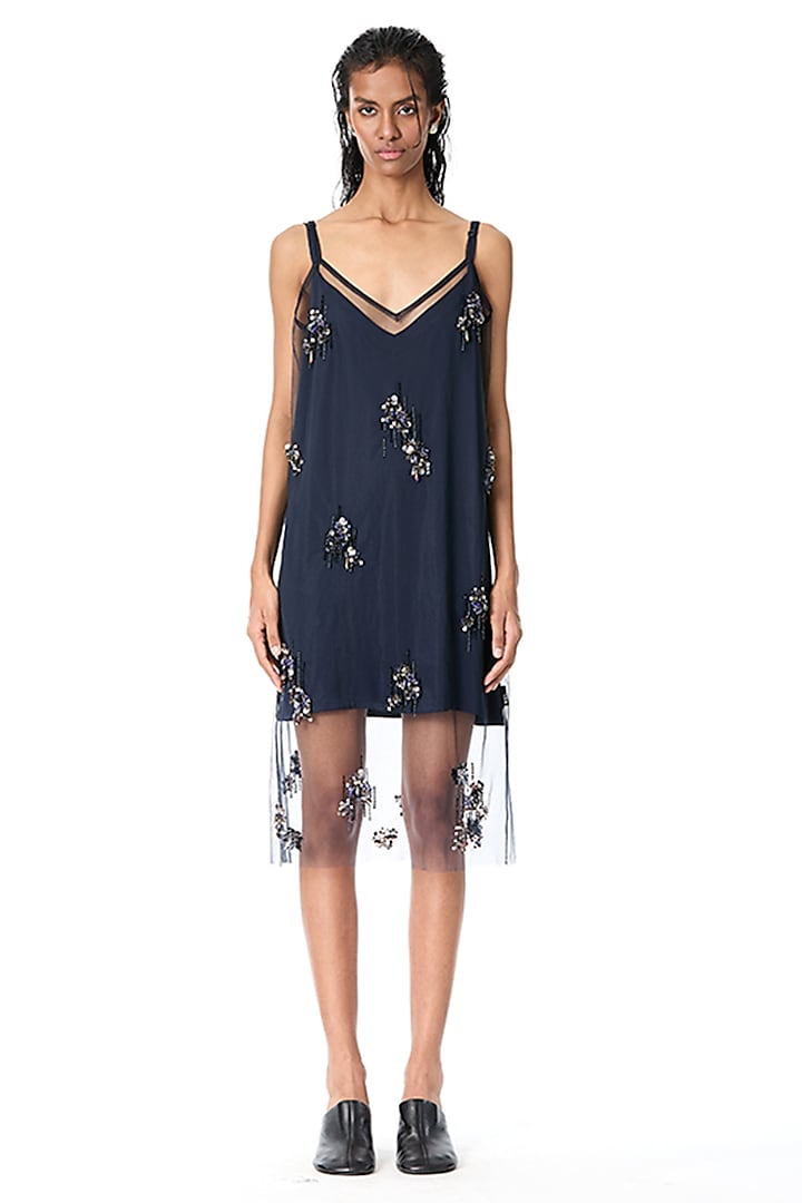 Navy Blue Net & Satin Embellished Sheer Dress by Kanika Goyal at Pernia's Pop Up Shop