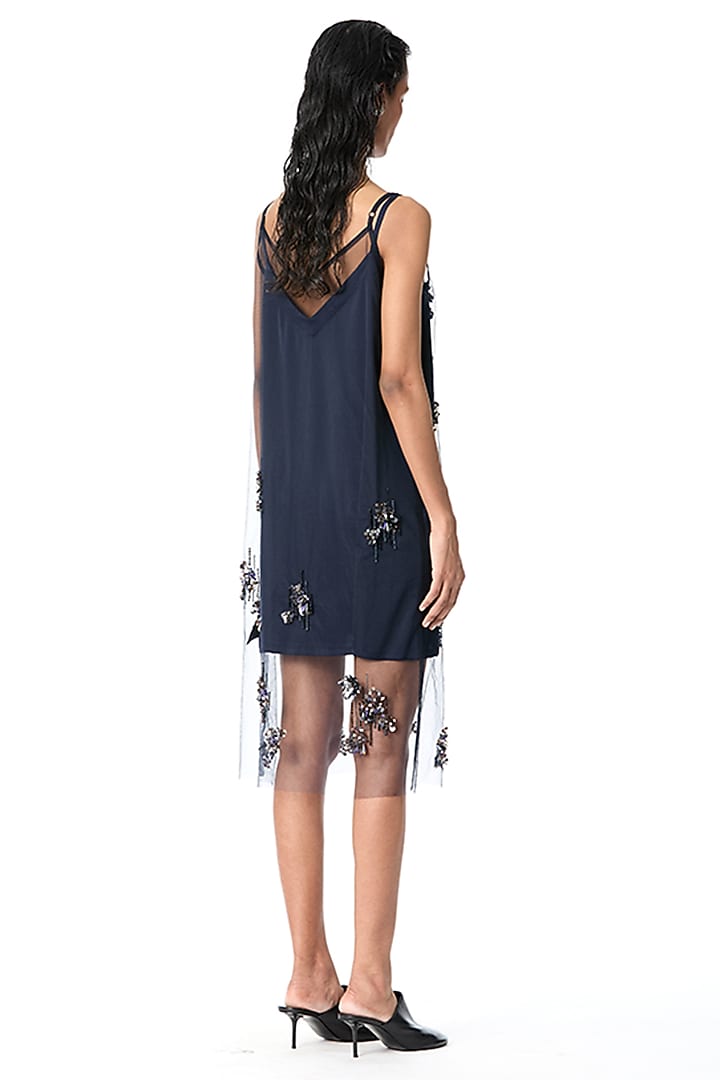 Navy Blue Net & Satin Embellished Sheer Vacation Dress by Kanika Goyal at Pernia's Pop Up Shop