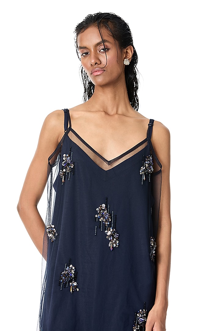 Navy Blue Net & Satin Embellished Sheer Vacation Dress by Kanika Goyal at Pernia's Pop Up Shop